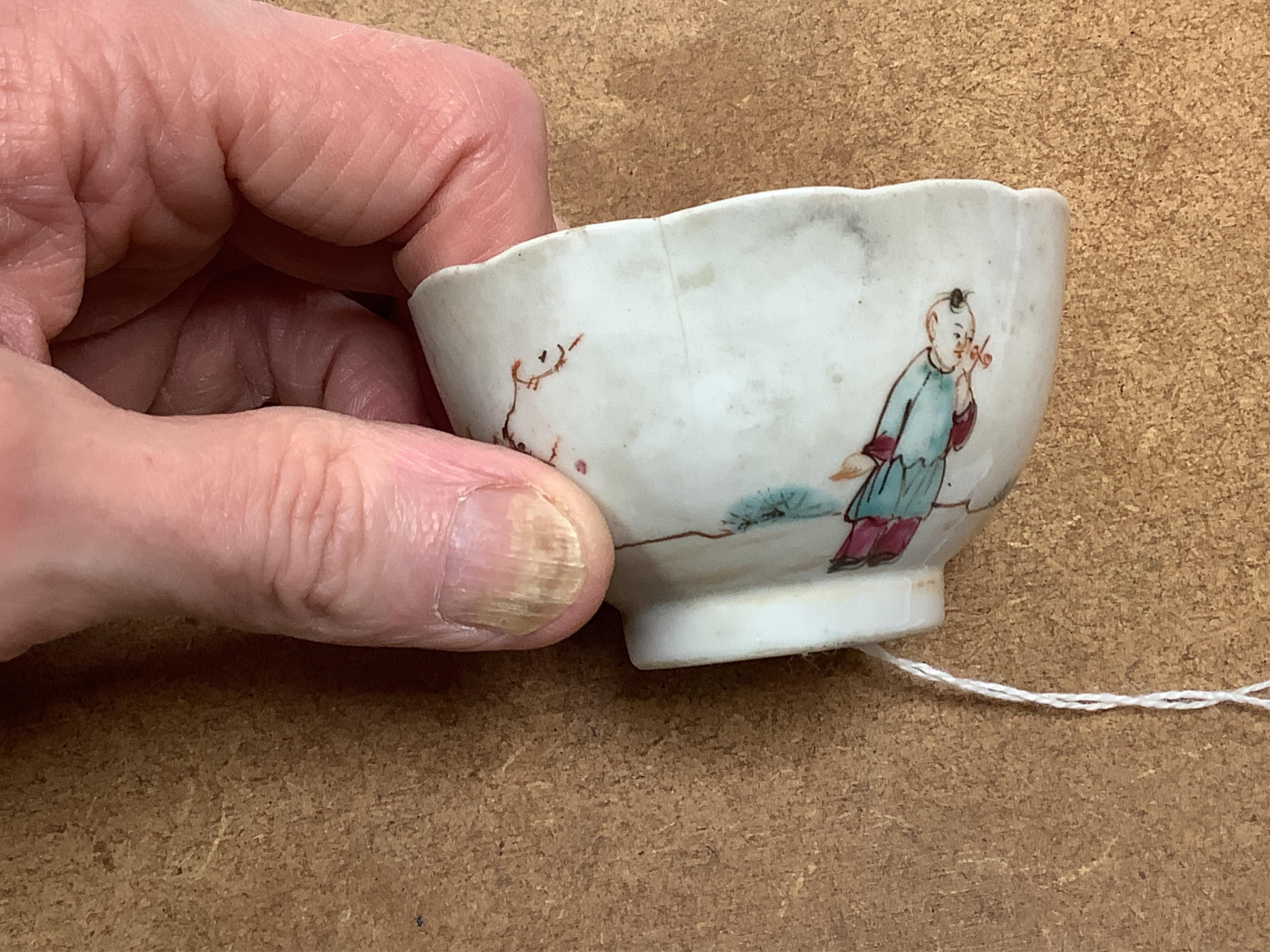 Two Chinese teacups, one Doucai with Chenghua mark, the other famille rose, tallest 4.5cm